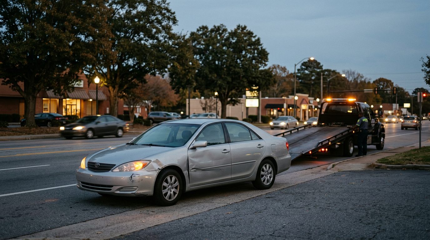 Un sedán plateado abollado con las luces de emergencia intermitentes espera en el arcén de una calle al atardecer mientras una grúa está cerca.