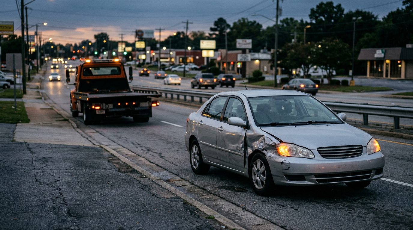 A dented silver sedan with blinking hazard lights waits on a city street shoulder at dusk as a tow truck stands by.
