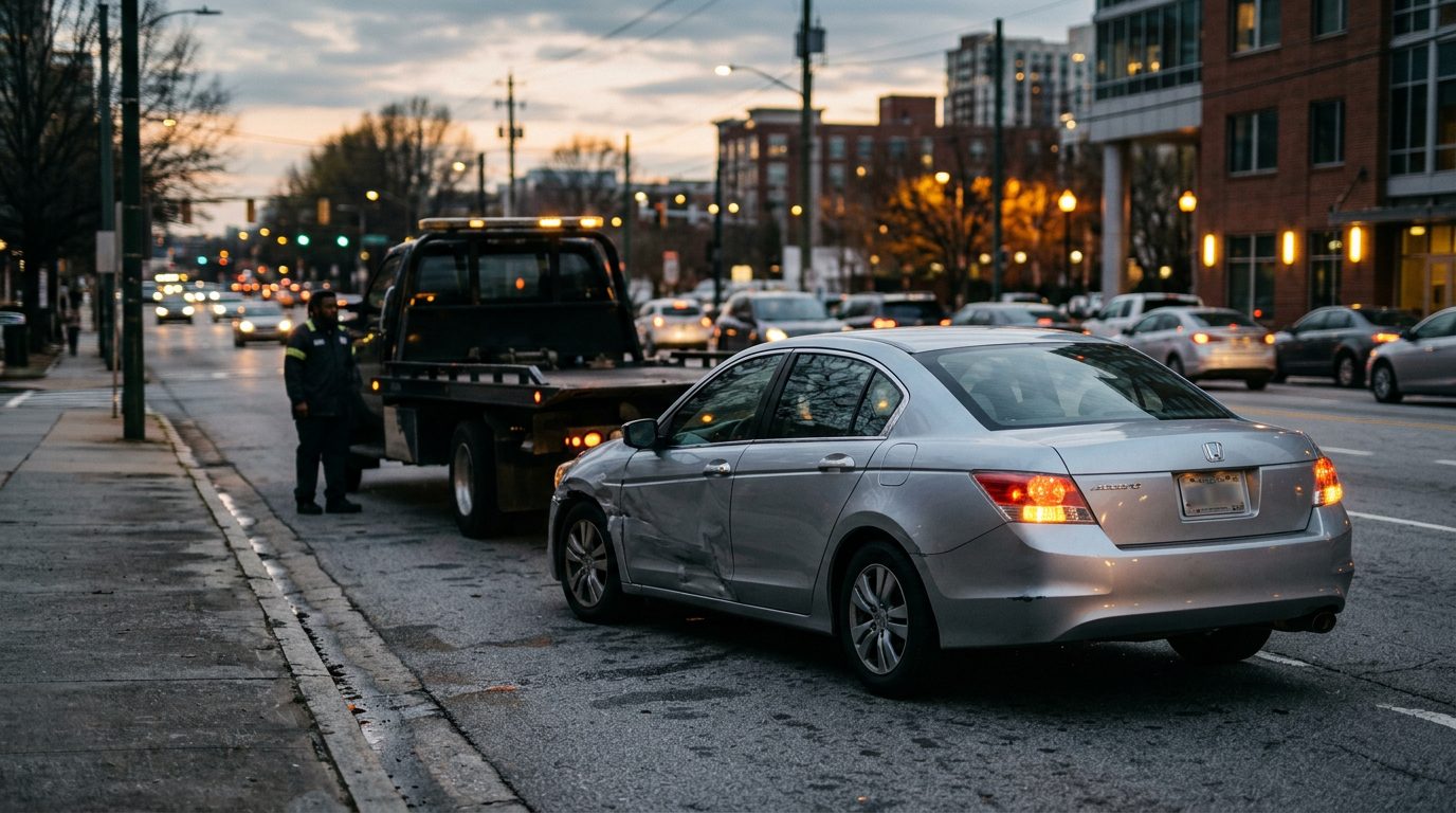 A dented silver sedan with hazard lights blinking on a city street shoulder at dusk, a tow truck waiting at the curb.