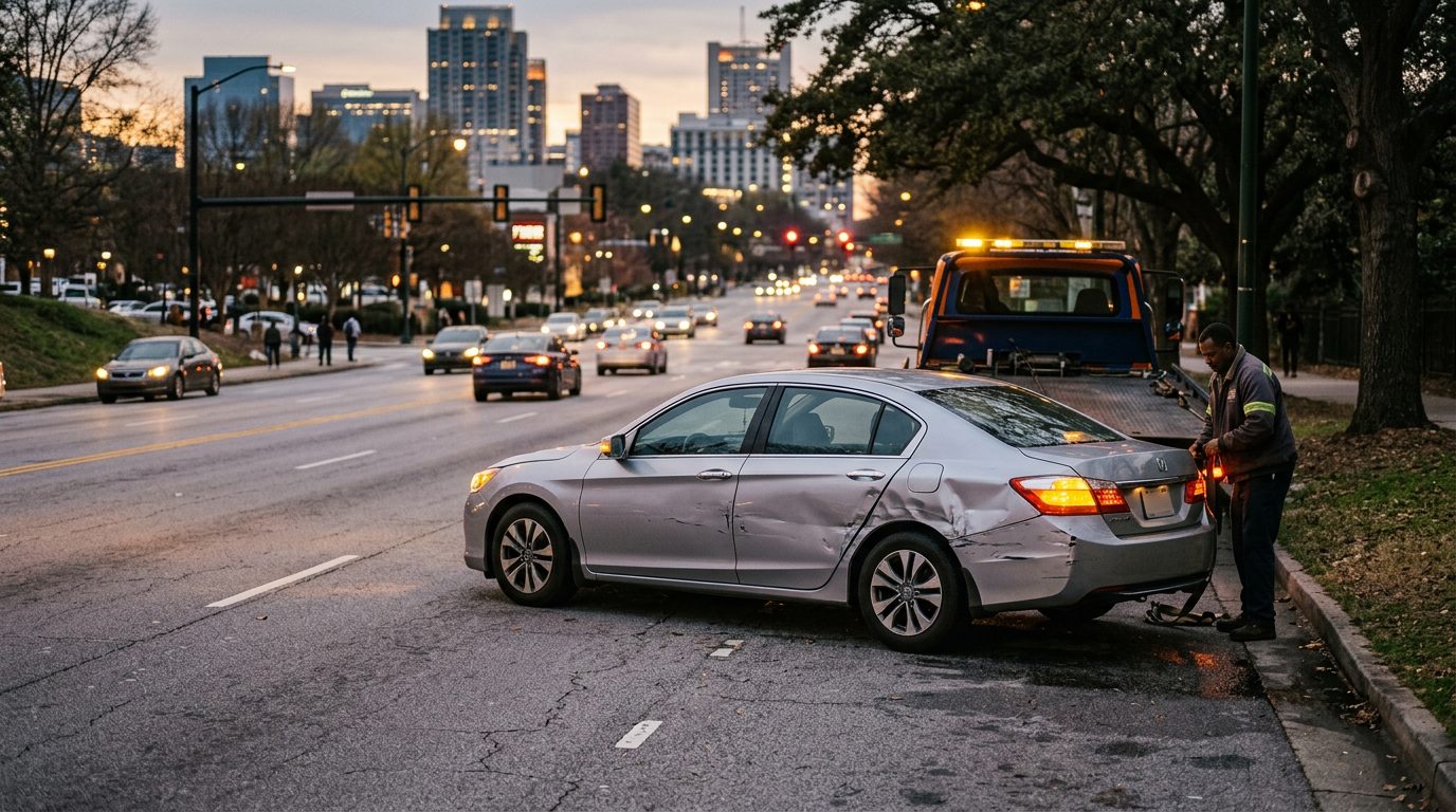 A dented silver sedan with hazard lights blinking on a city street shoulder at dusk, a tow truck waiting nearby.