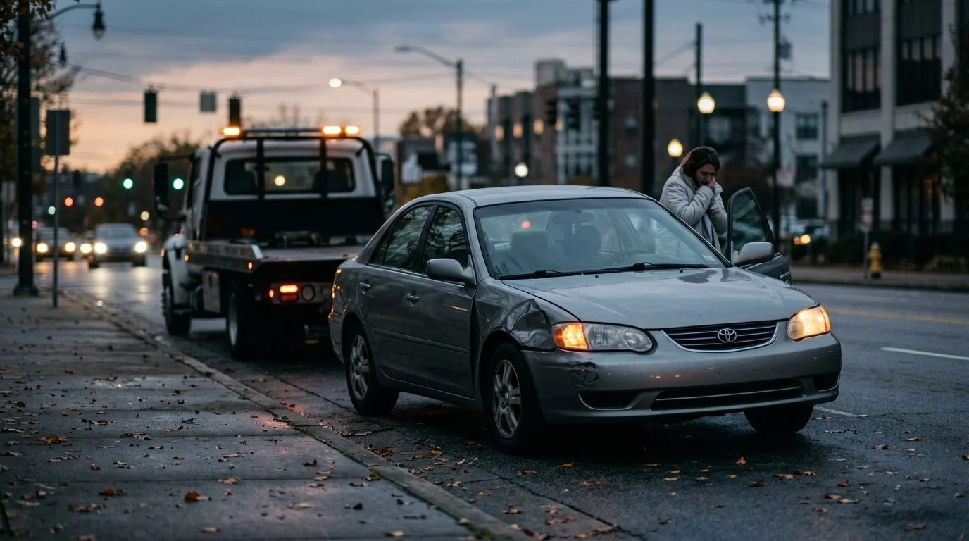 A dented silver sedan with hazard lights blinking on a city street shoulder at dusk, with a tow truck waiting at the curb.