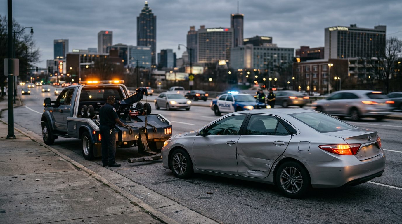 A dented silver sedan with its hazard lights blinking sits on a city street shoulder at dusk, a tow truck waiting at the curb.
