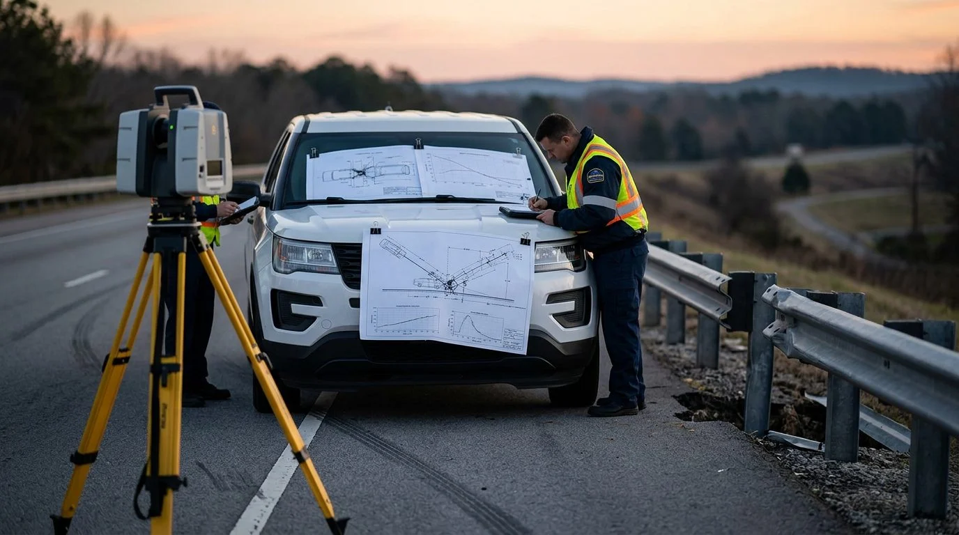 A forensic engineer's laser scanner on a tripod beside a damaged highway guardrail at dawn, with crash diagrams on a white SUV's hood.