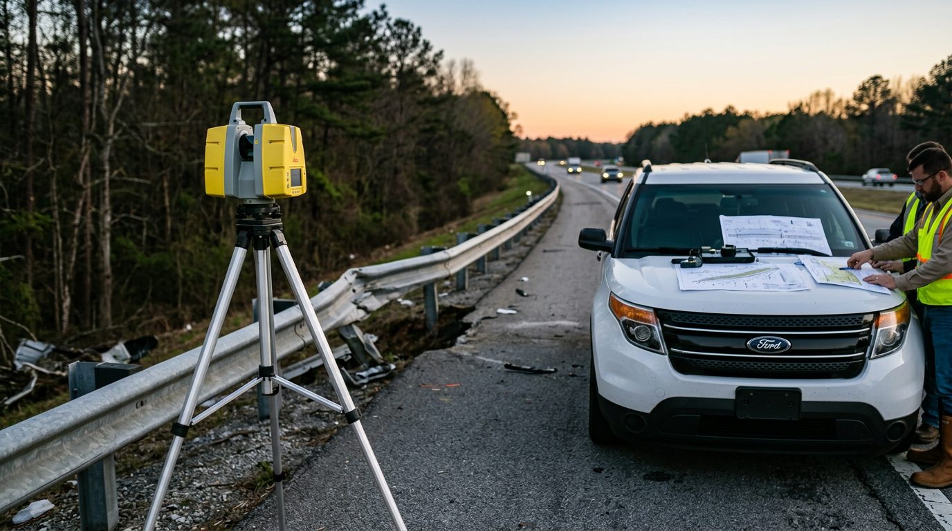 Un escáner láser de ingeniería forense sobre trípode junto a una barrera de carretera dañada al amanecer, con diagramas de choque sobre el capó de un