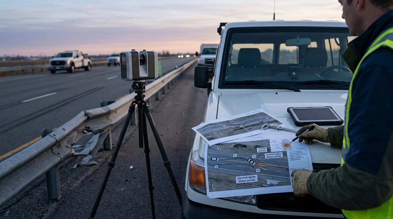 Escáner láser forense sobre un trípode junto a un hueco en una barrera de seguridad al amanecer, con diagramas de accidente sobre el capó de un SUV