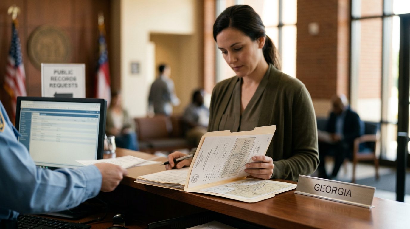 A laptop and paper documents on a desk beside a car key, representing looking up a Georgia accident report.