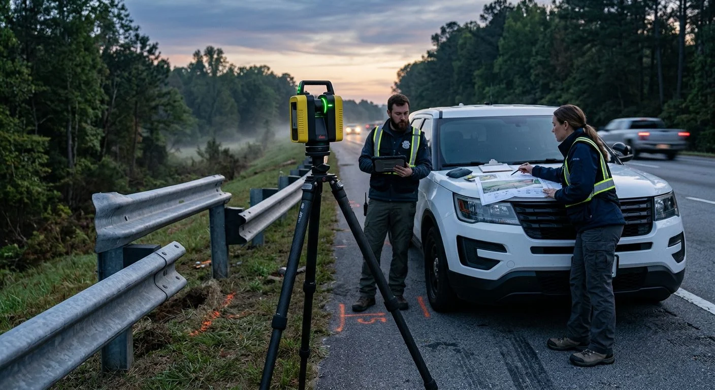 A laser scanner on a tripod beside a damaged highway guardrail at dawn, with crash diagrams spread on a white SUV's hood.