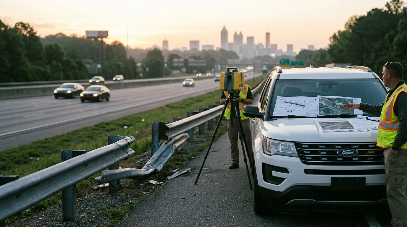A laser scanner on a tripod beside a damaged highway guardrail at dawn, with crash diagrams spread on a white SUV's hood.