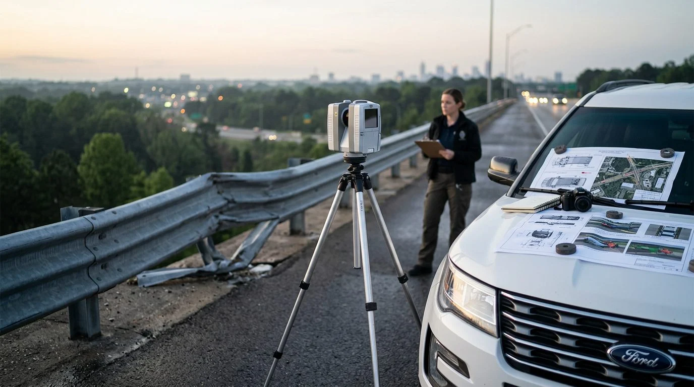 A laser scanner on a tripod stands beside a damaged highway guardrail at dawn, with crash diagrams spread on a white SUV's hood.