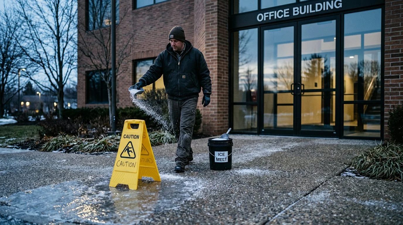 A maintenance worker spreads rock salt on an icy walkway at dawn beside a warning sign and glass doors.