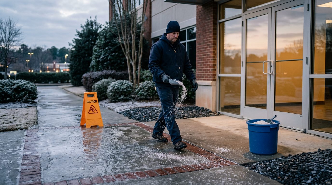 A property maintenance worker spreads rock salt on an icy walkway at dawn beside a warning sign and glass office doors.