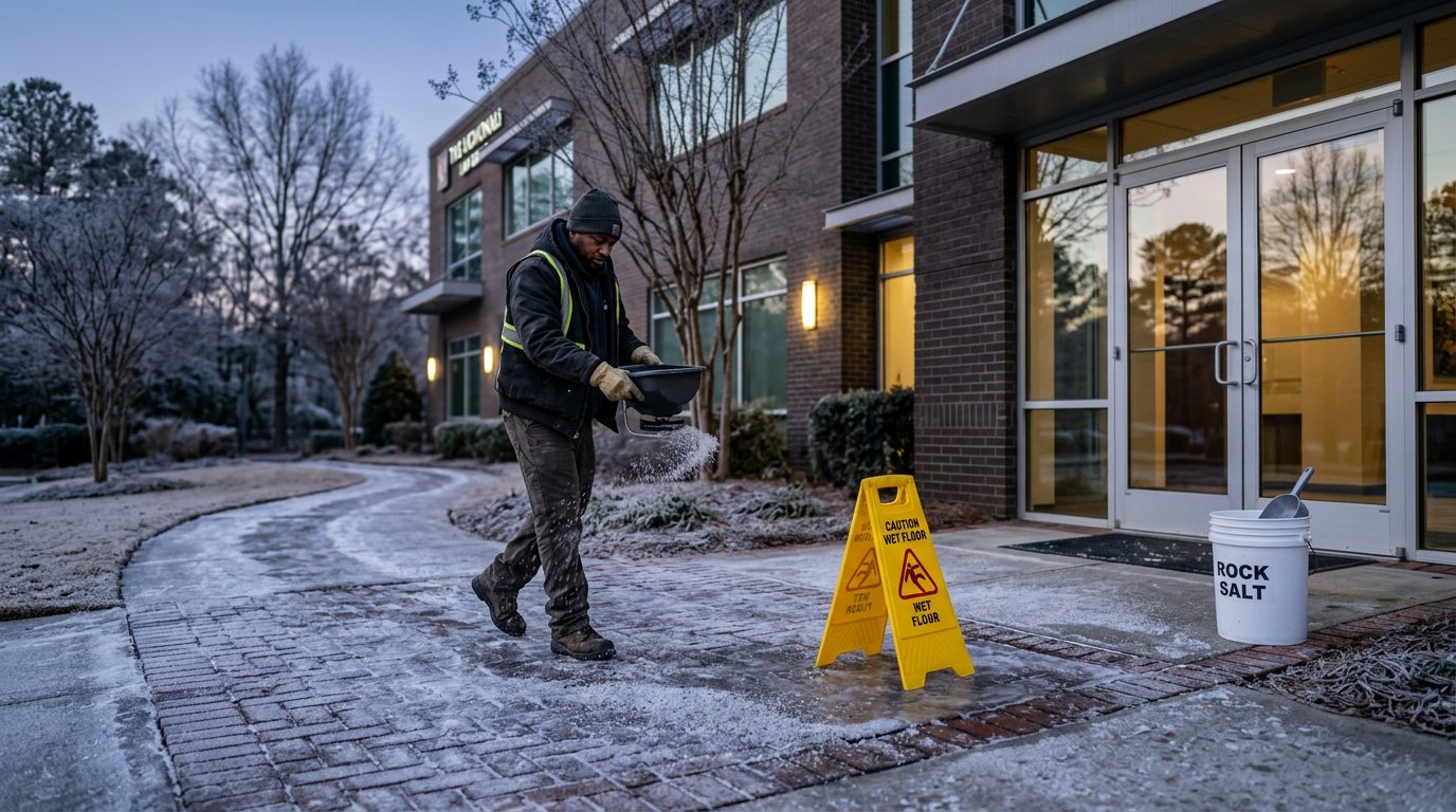 A property maintenance worker spreads rock salt on an icy walkway at dawn beside a wet-floor sign and a salt bucket.