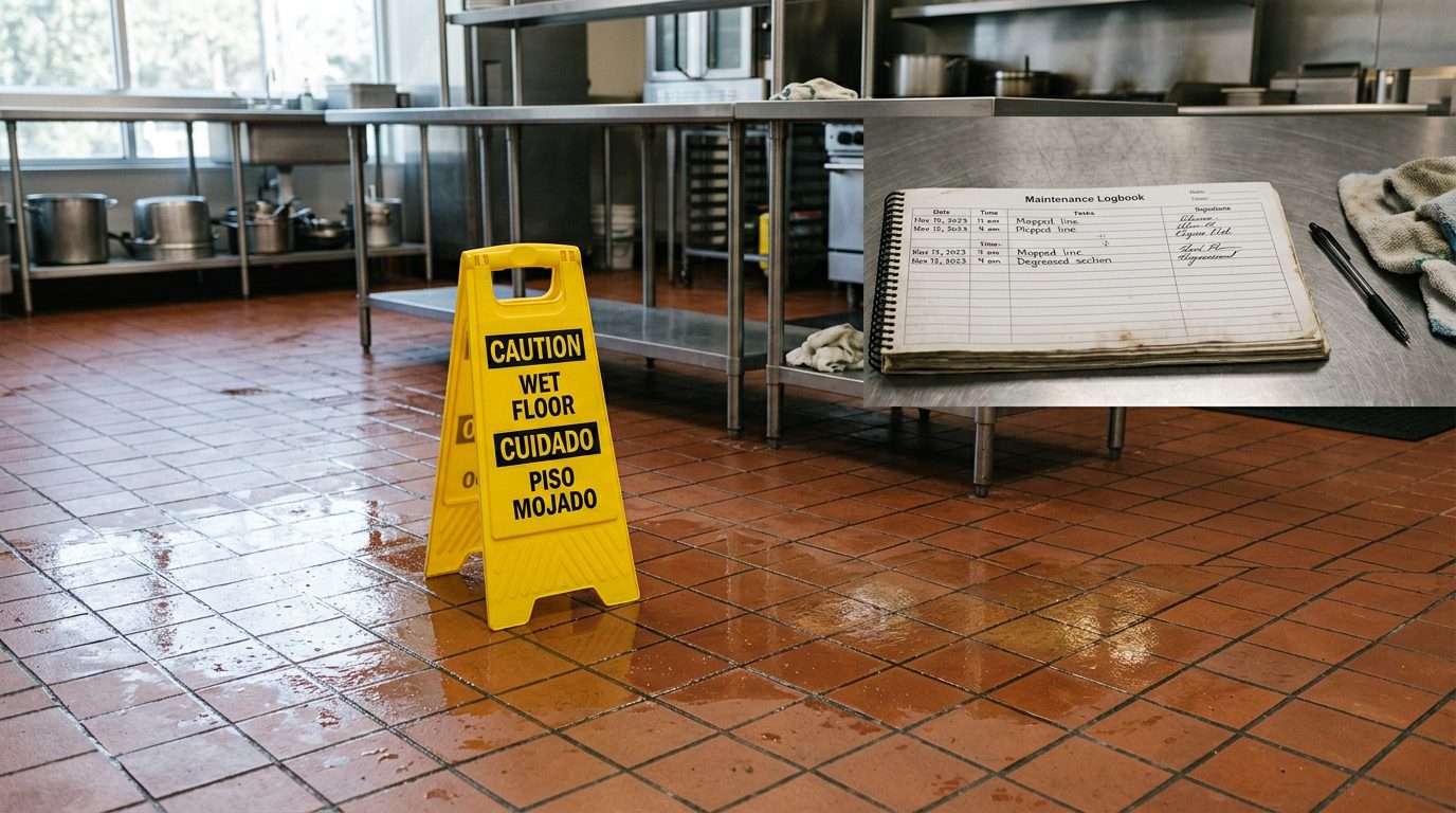 A restaurant kitchen floor with a grease sheen and a yellow caution sign on a freshly mopped patch, with no people present.