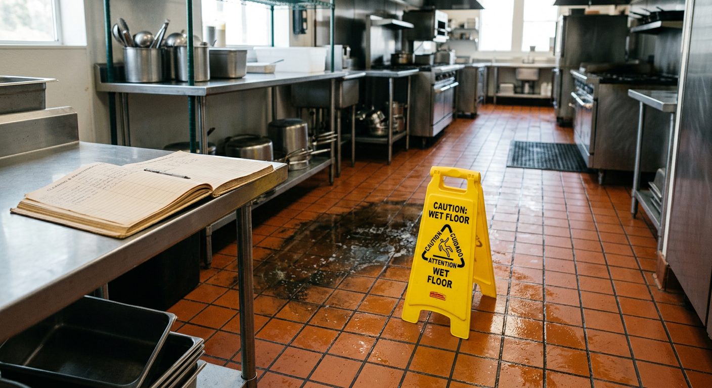 Piso de cocina de restaurante con brillo de grasa sobre baldosas de gres, junto a un letrero amarillo de piso mojado.