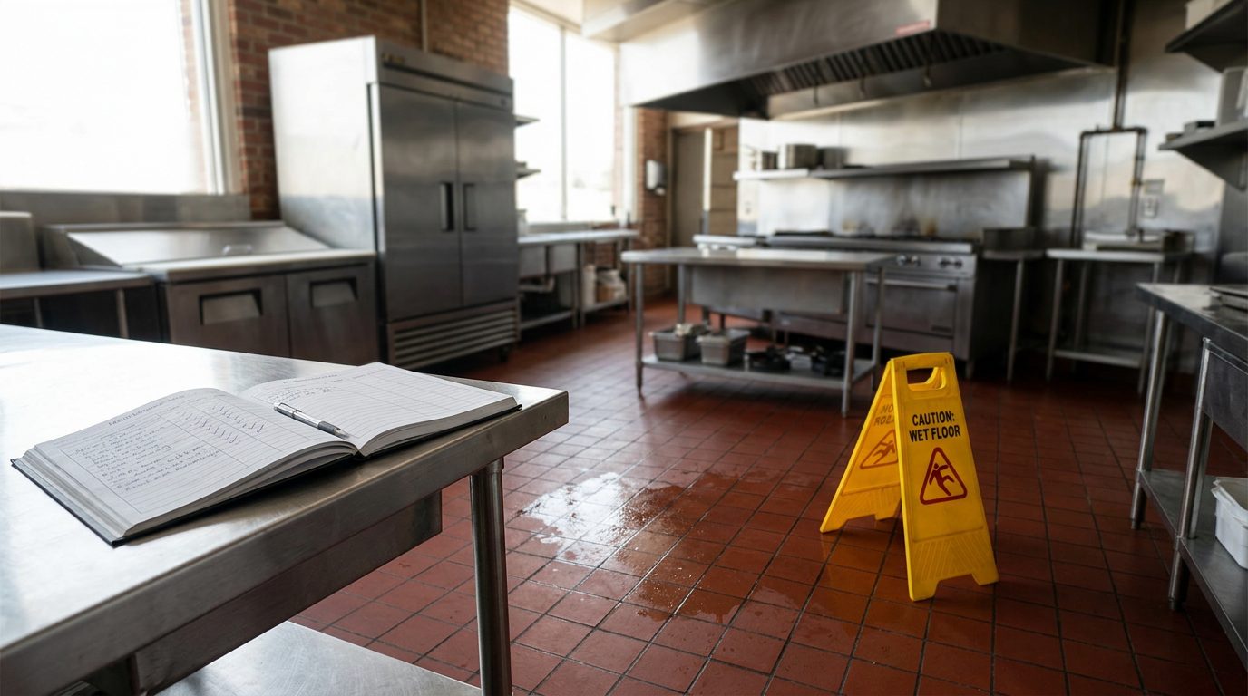 A restaurant kitchen floor with a greasy sheen near a yellow wet-floor caution sign, beside an open maintenance logbook on a steel prep table.