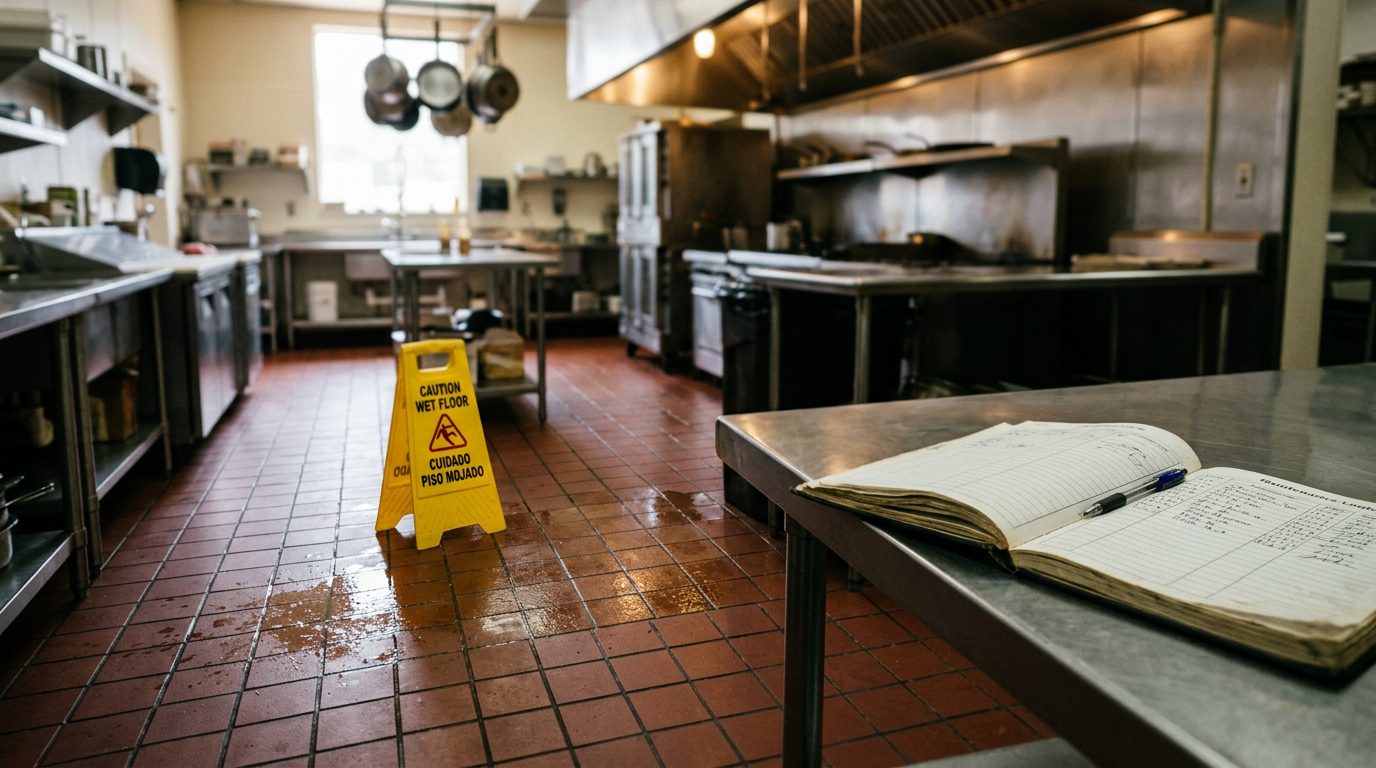 A restaurant kitchen floor with a greasy sheen on quarry tile, a yellow caution sign beside a freshly mopped patch, and an open maintenance logbook