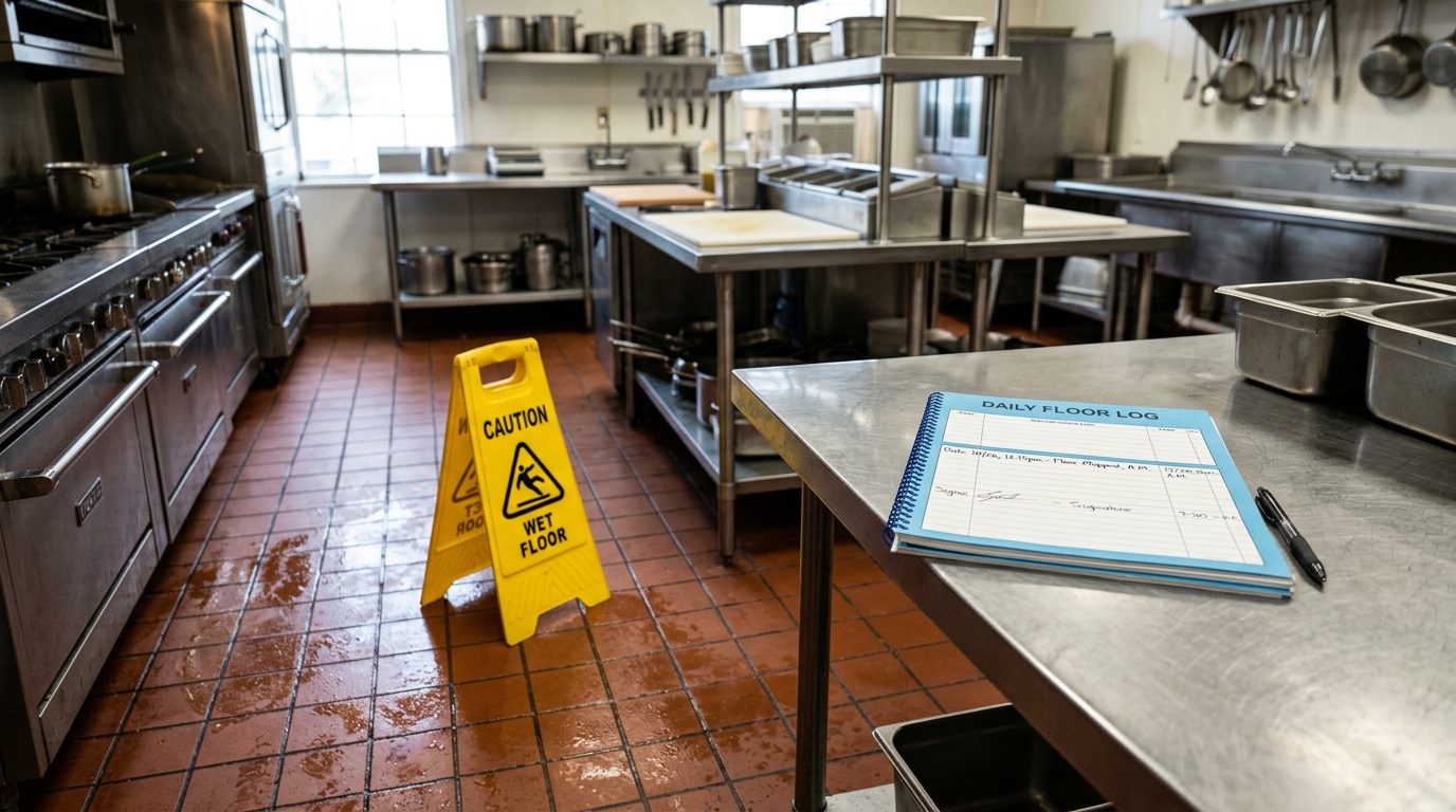 A restaurant kitchen's quarry-tile floor with a grease sheen and a yellow wet floor sign beside a stainless prep table.
