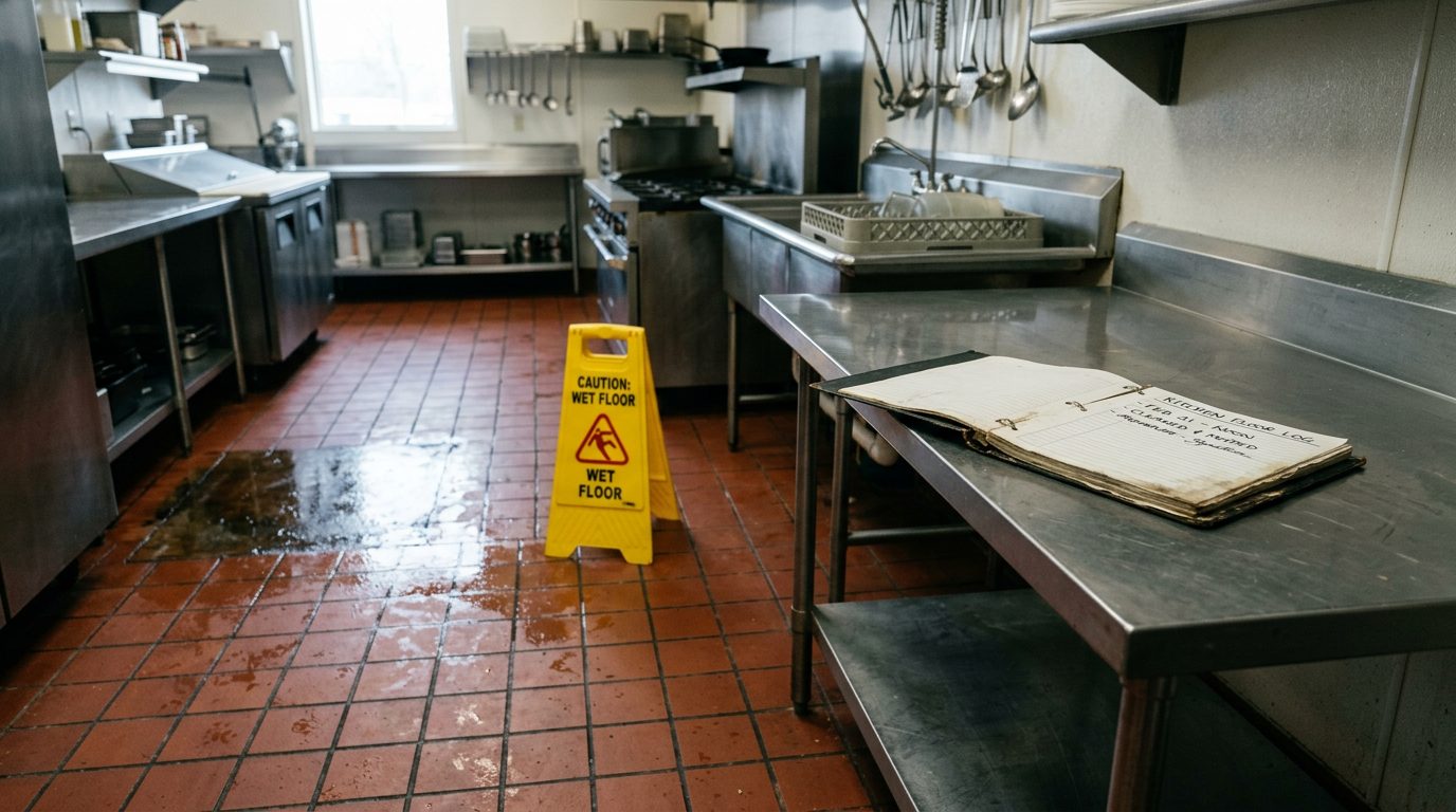Suelo de cocina de restaurante con brillo de grasa y señal amarilla de precaución junto a una zona recién fregada.