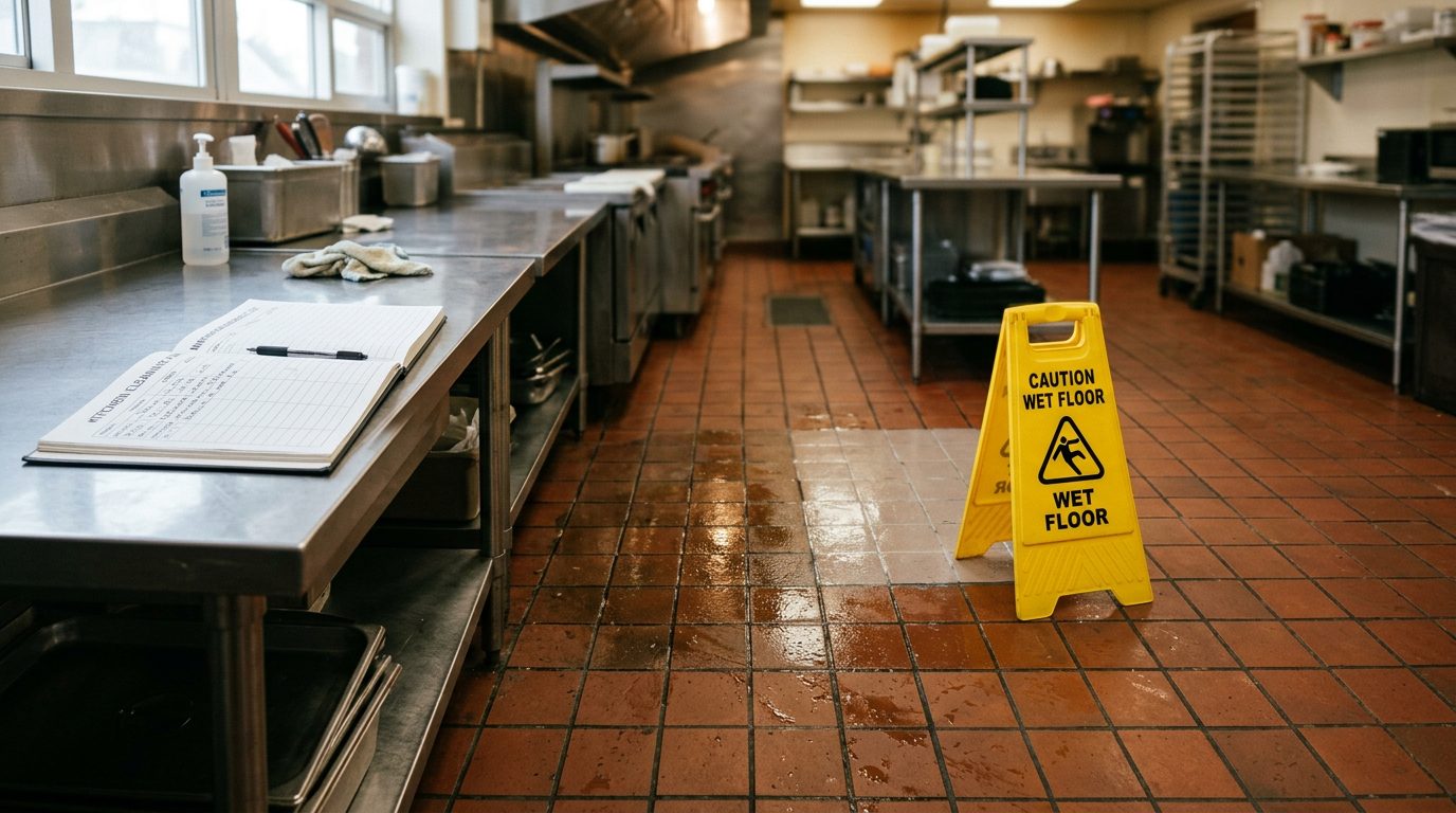 A restaurant kitchen's quarry-tile floor with a greasy sheen and a yellow wet floor sign, beside an open logbook on a prep table.