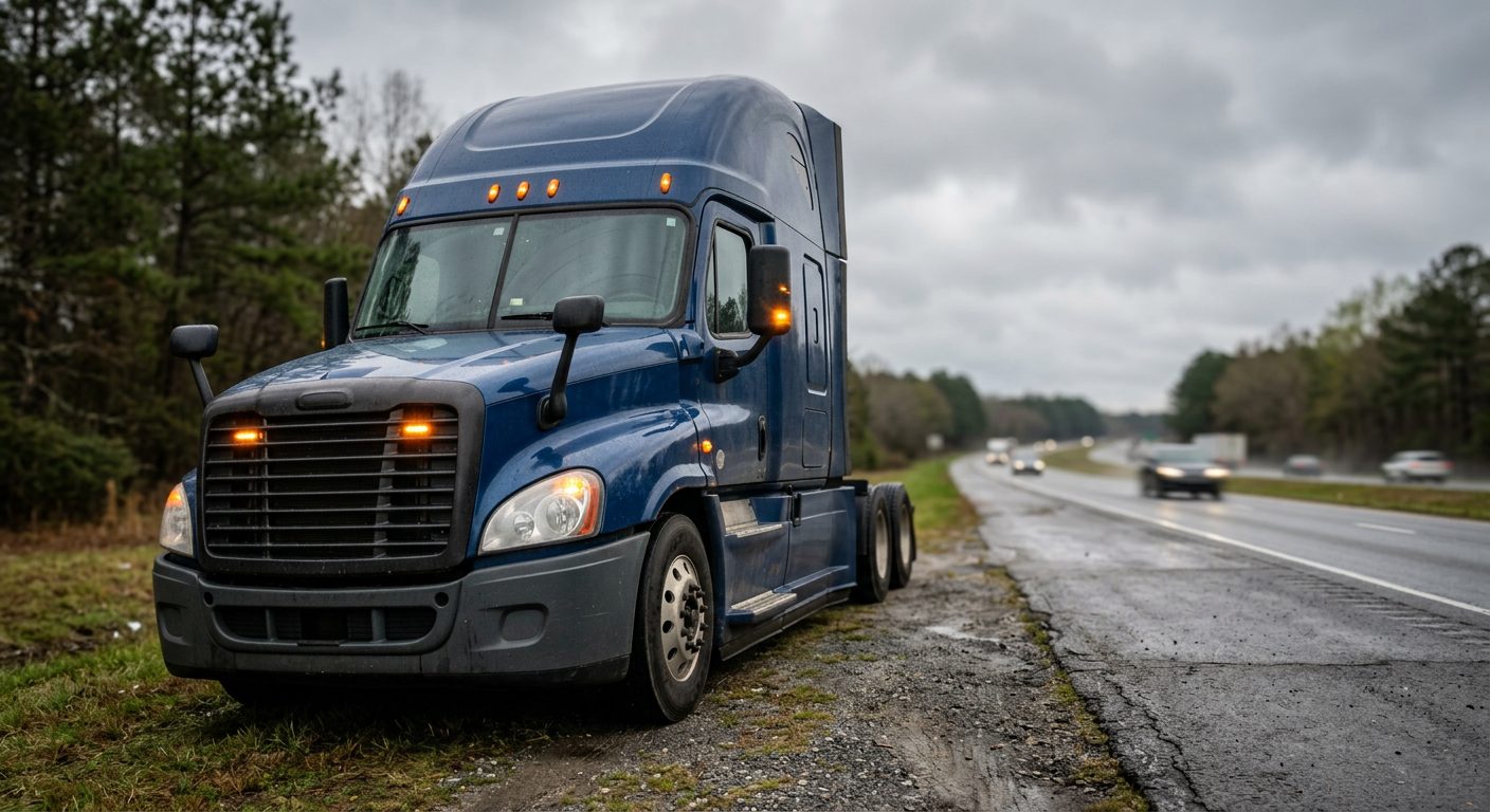 A semi-truck cab with blinking hazard lights sits on the shoulder of a rural interstate under an overcast afternoon sky.