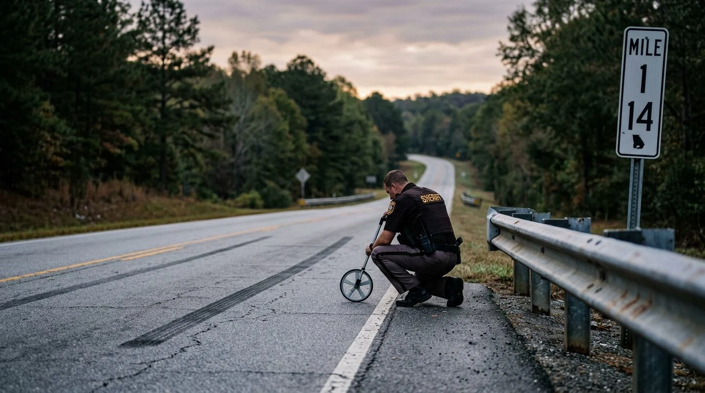 A sheriff's deputy measures a skid mark on a rural two-lane road at dawn, beside a guardrail and mile-marker sign.