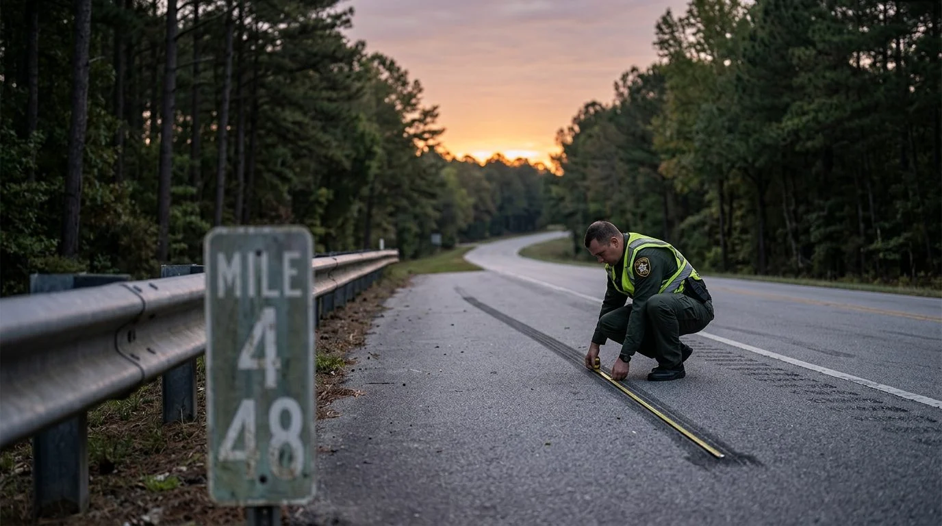 A sheriff's deputy measures a skid mark on a rural two-lane road at dawn, beside a guardrail and mile-marker sign.
