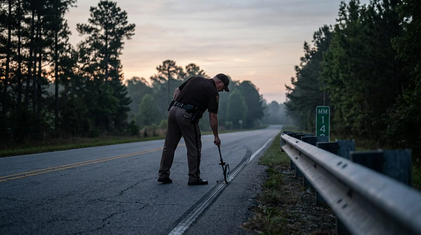A sheriff's deputy measures a skid mark on a rural two-lane road at dawn, beside a guardrail and mile-marker sign.