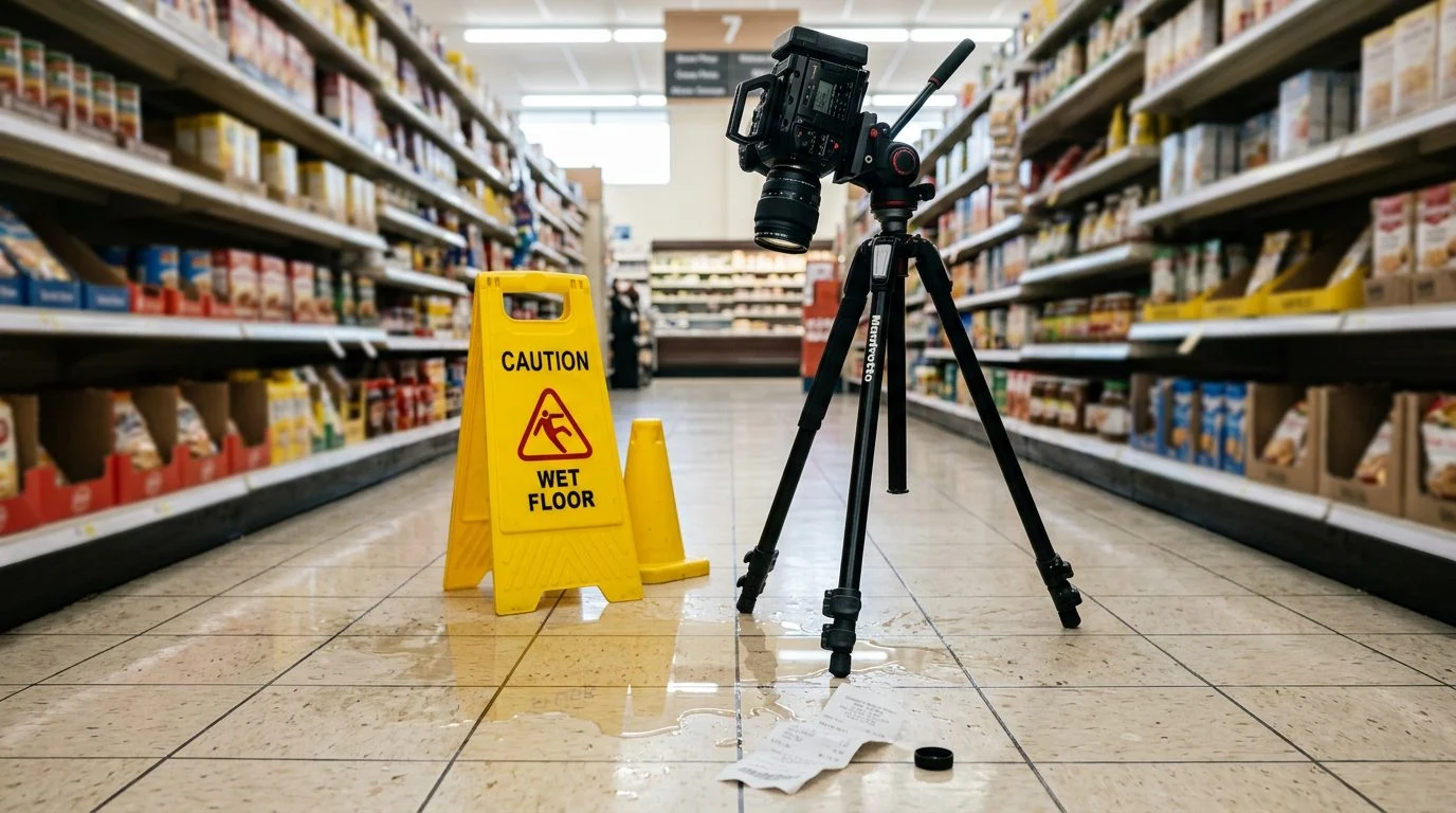 A wet supermarket aisle with a "wet floor" caution sign and cone beside a puddle, while a tripod camera documents the spot.