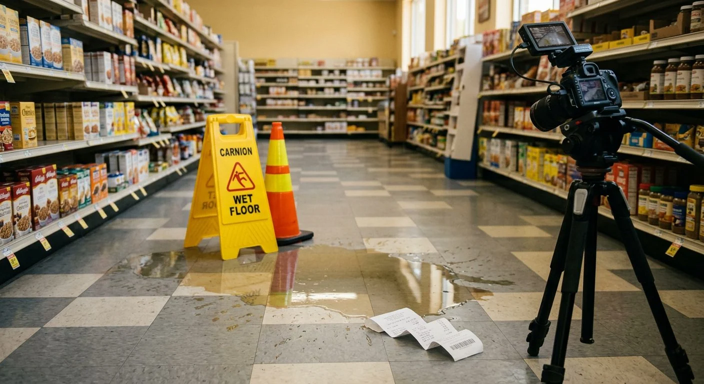 A wet supermarket aisle with a "wet floor" caution sign and cone beside a puddle, and a tripod camera documenting the spot.