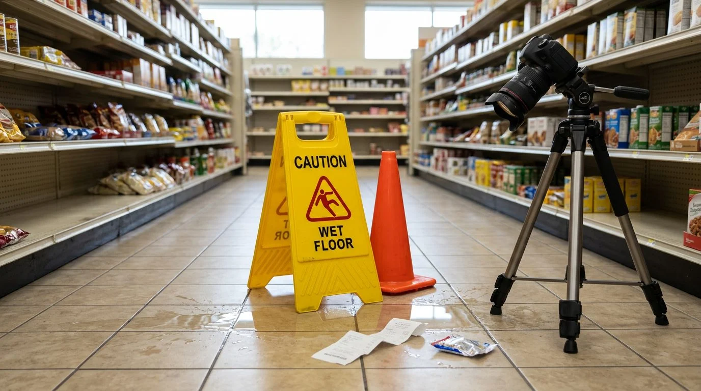 A wet supermarket aisle with a yellow "wet floor" sign and cone beside a puddle, while a tripod camera documents the spot.