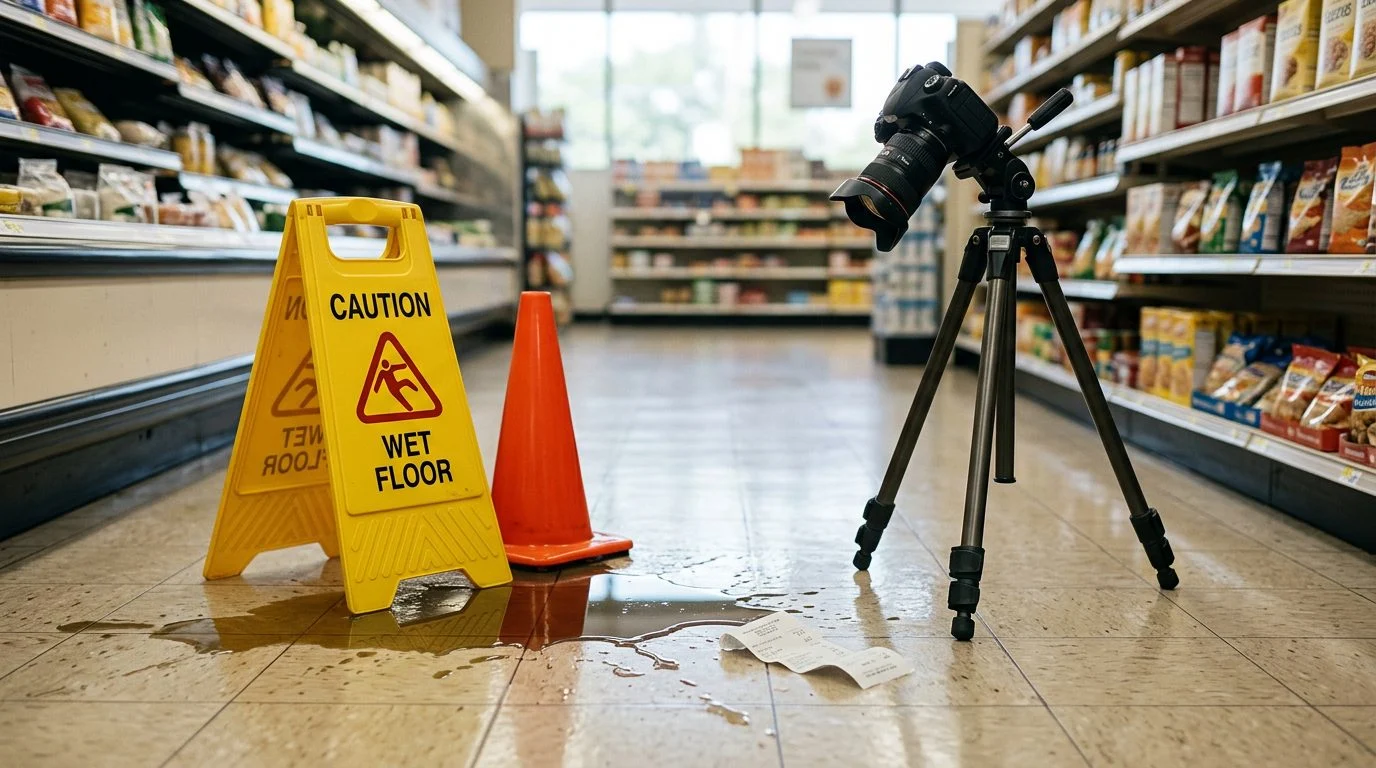 A wet supermarket aisle with a yellow "wet floor" sign and cone beside a puddle, a dropped receipt on the tiles, and a tripod camera documenting the
