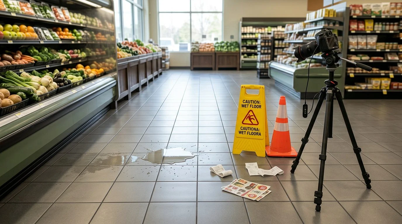 A wet supermarket aisle with a yellow "wet floor" sign and cone beside a puddle, a dropped receipt on the tiles, and a tripod camera documenting the