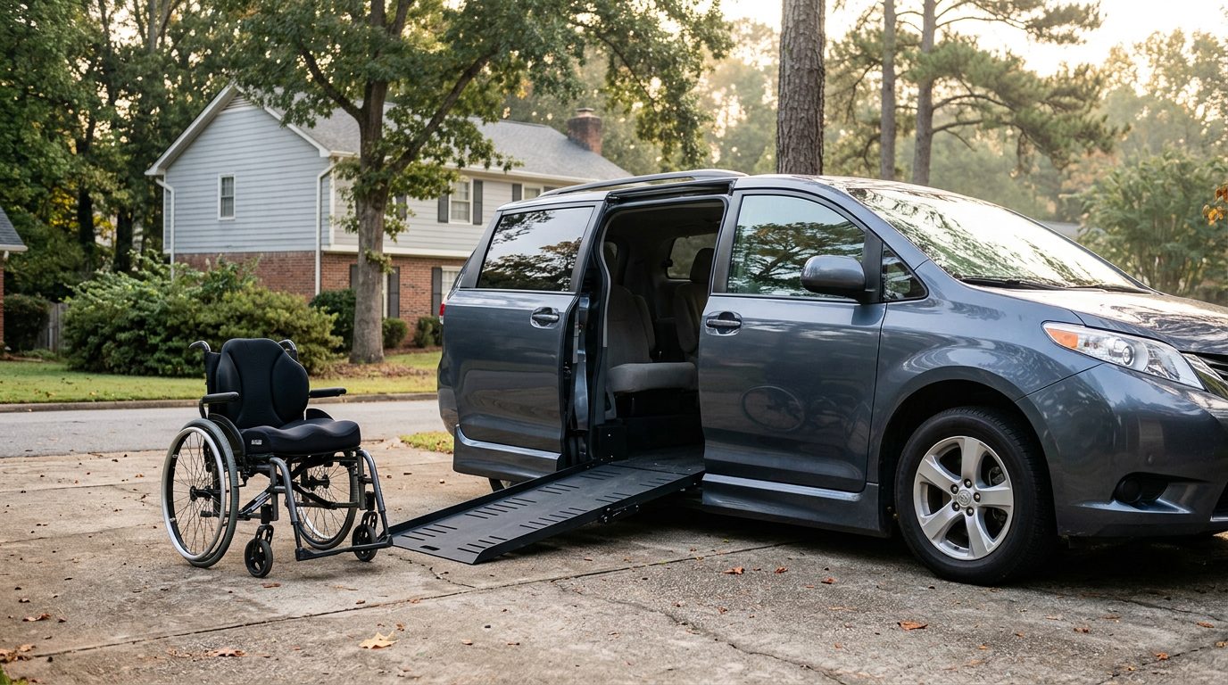 A wheelchair sits beside a minivan with its side-entry lift lowered onto a driveway in early morning light.