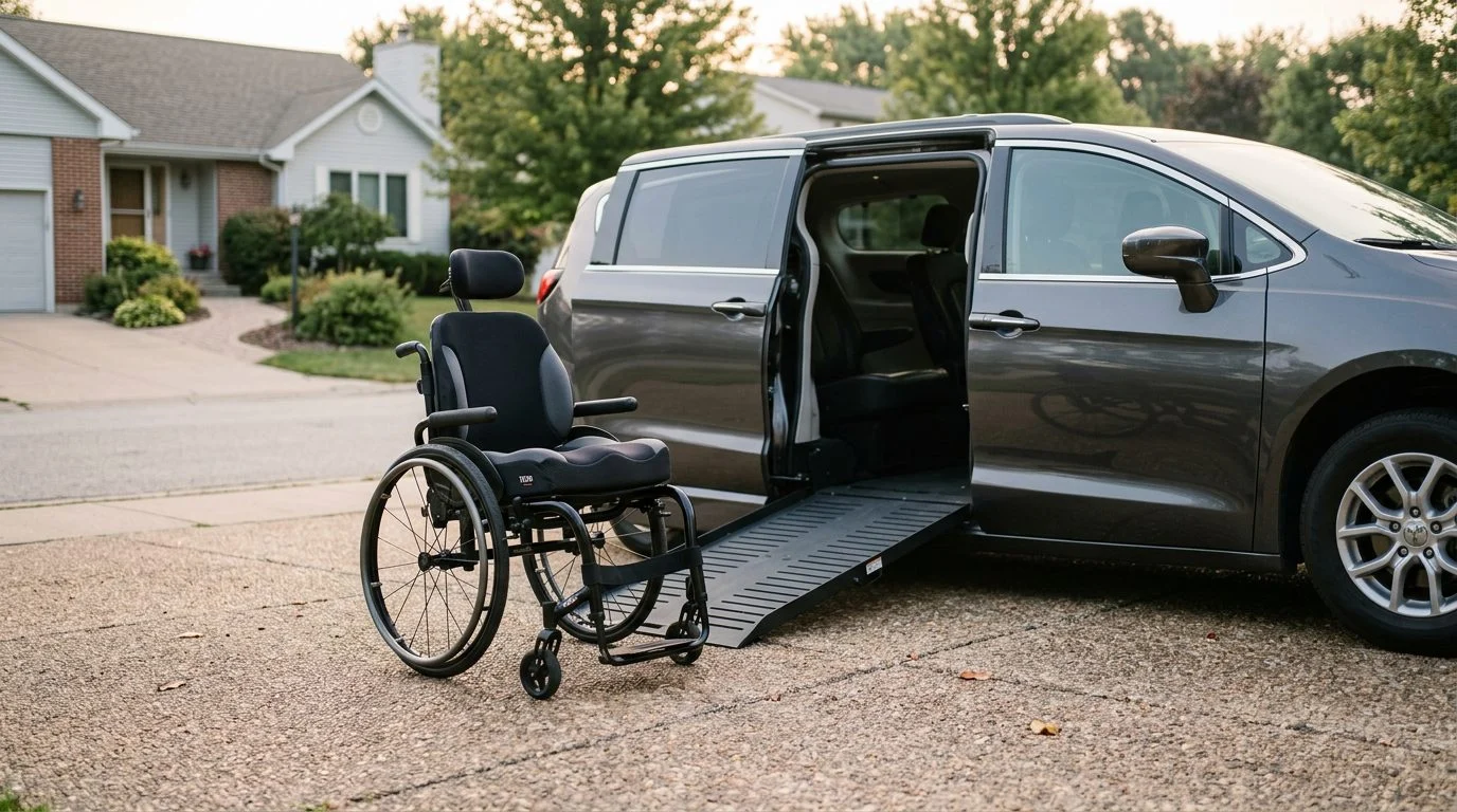 Silla de ruedas con cojín junto a una minivan con rampa lateral desplegada en un camino al amanecer.