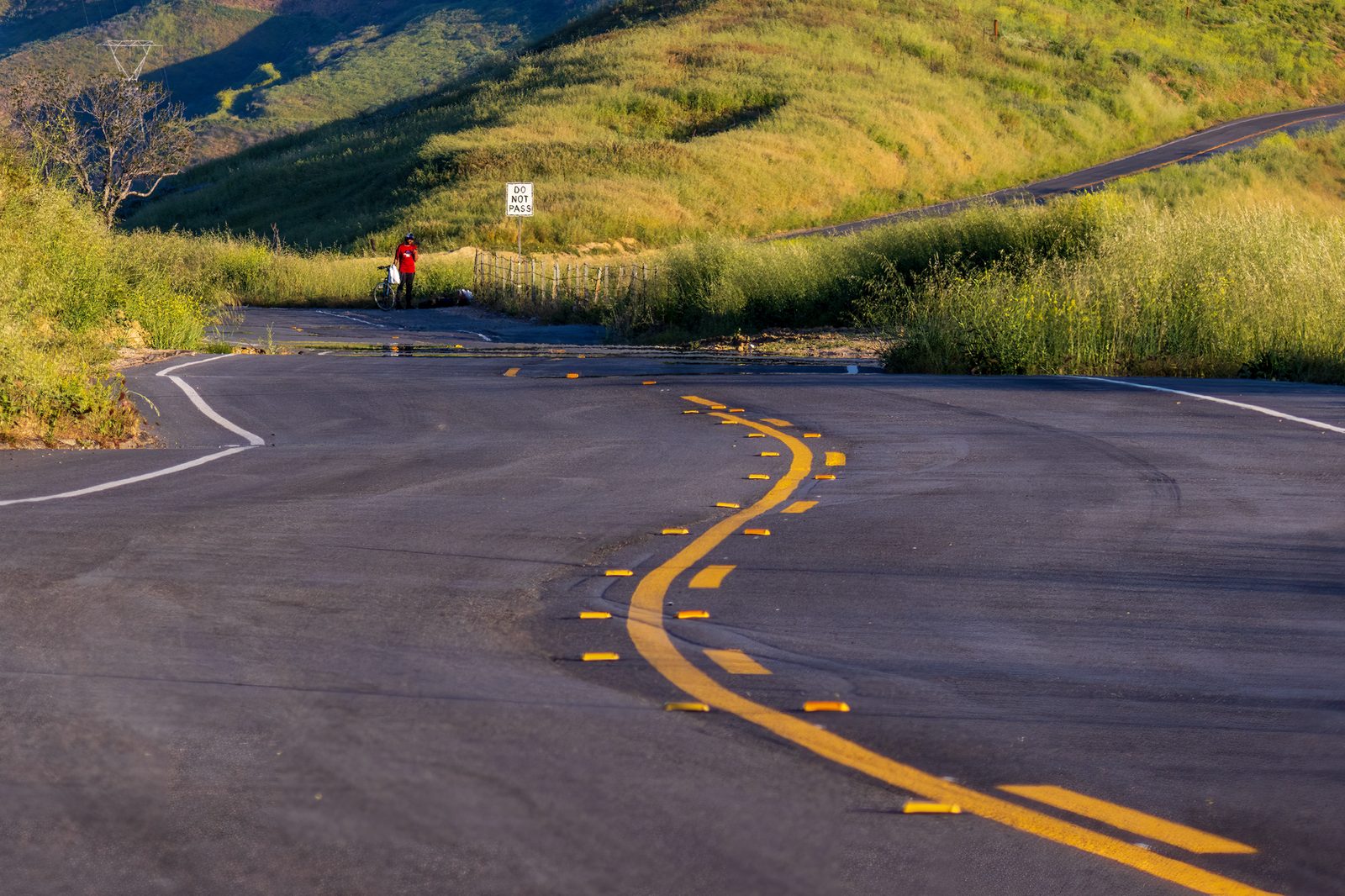 Winding paved road through lush green spring hills, with a lone cyclist far ahead.