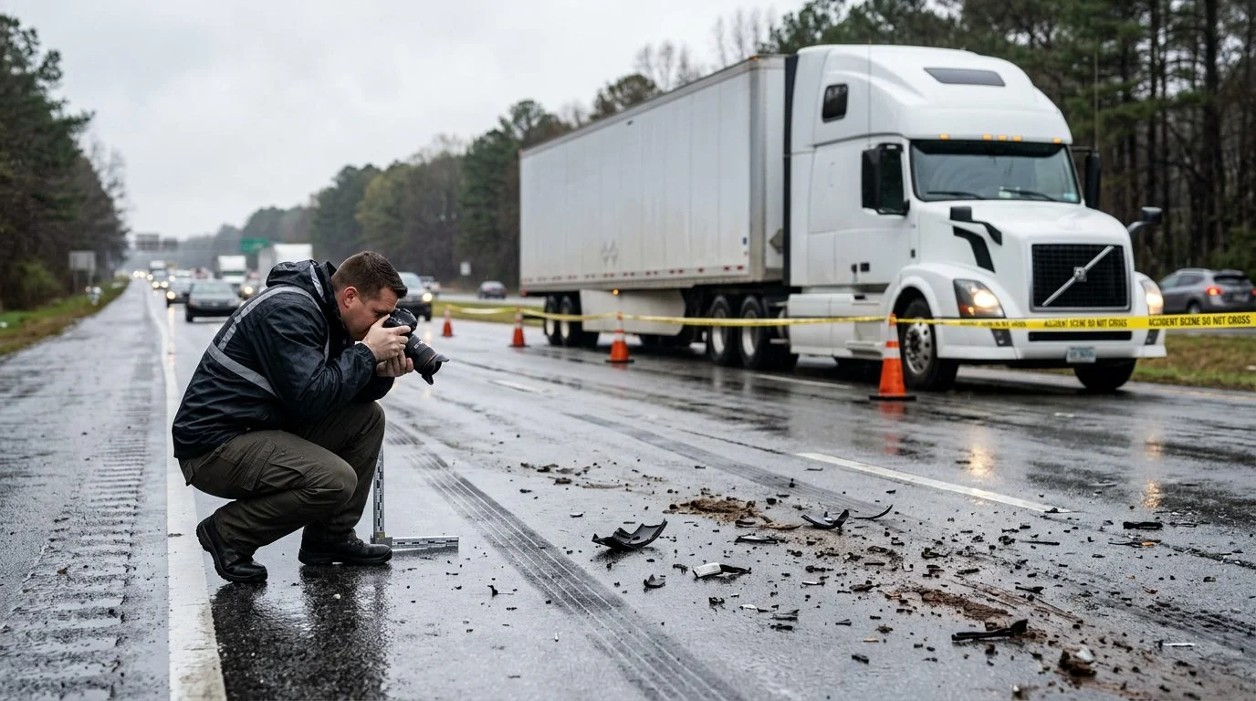 Accident investigator photographs skid marks and debris on a wet highway lane near a parked white tractor-trailer.