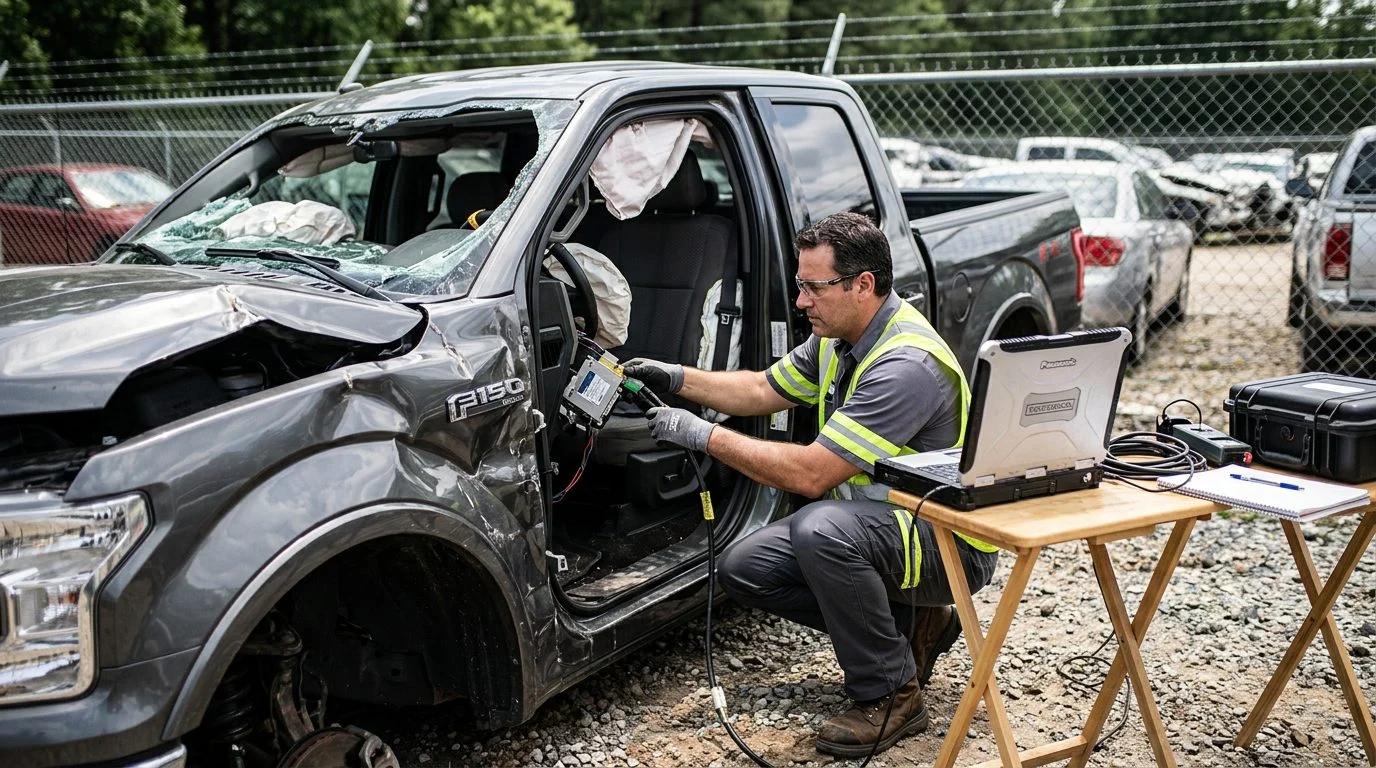 Especialista en reconstrucción de accidentes descarga datos del módulo de control de airbags de una camioneta aplastada en un depósito.