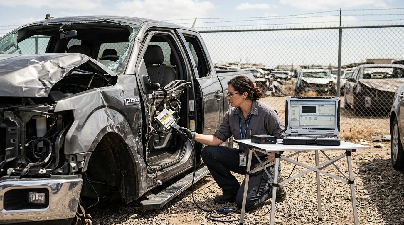 Accident reconstructionist downloads event data from a crushed pickup's airbag module at a midday impound lot.