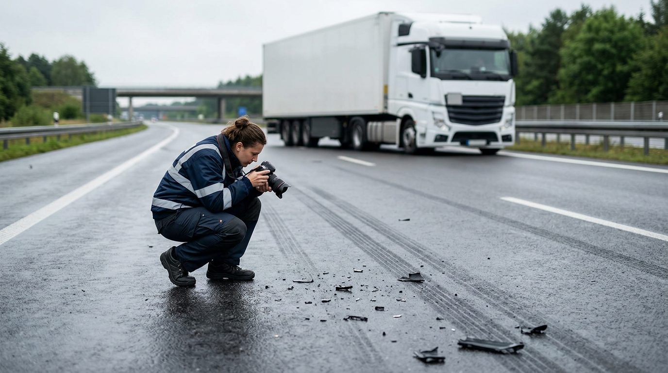 An accident investigator photographs skid marks and debris on a wet highway lane, with a white tractor-trailer parked behind.