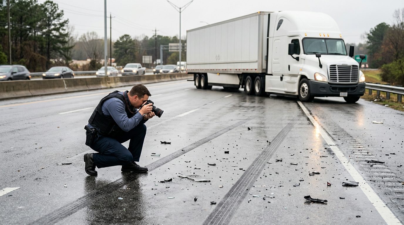 Un investigador de accidentes fotografía marcas de frenado y escombros en un carril mojado de autopista, con un camión tractor blanco estacionado