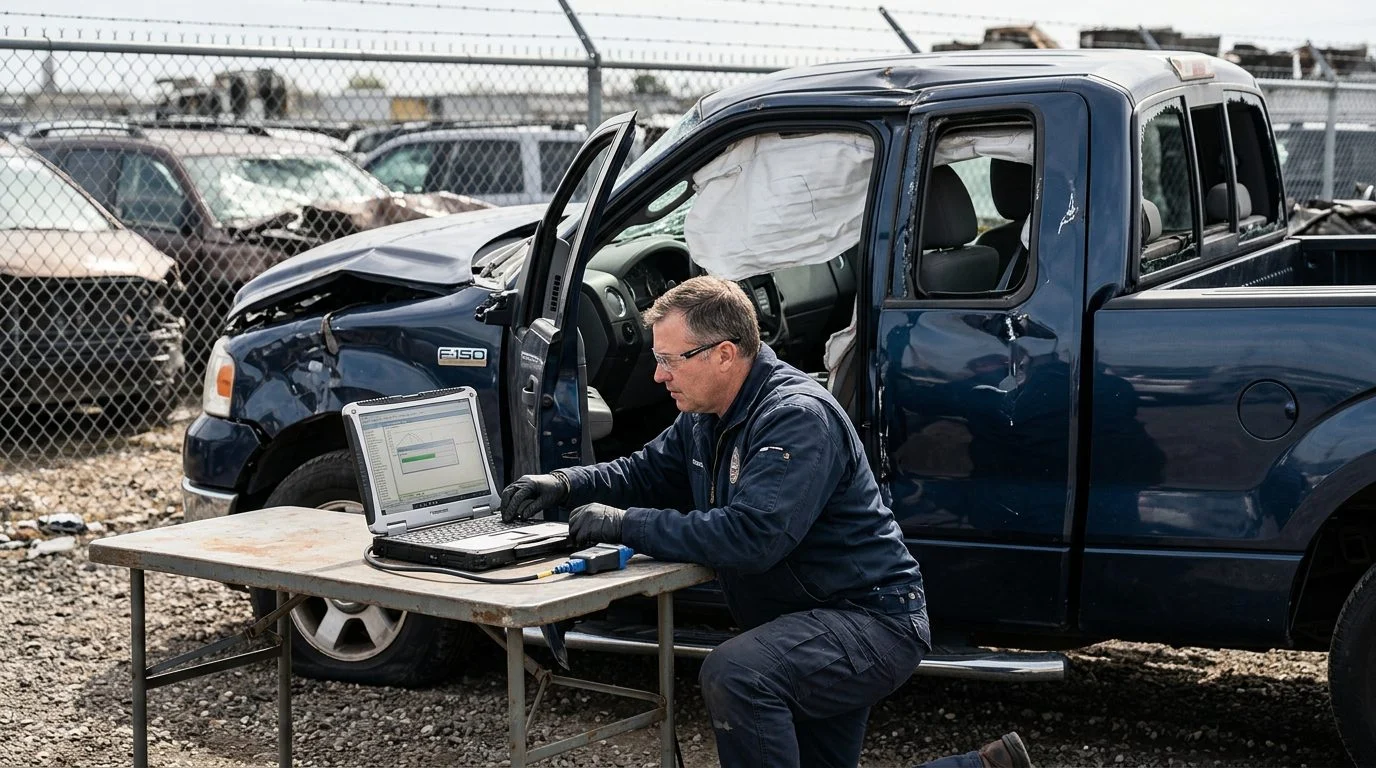 An accident reconstructionist downloads airbag module data from a crushed pickup in a fenced impound lot.