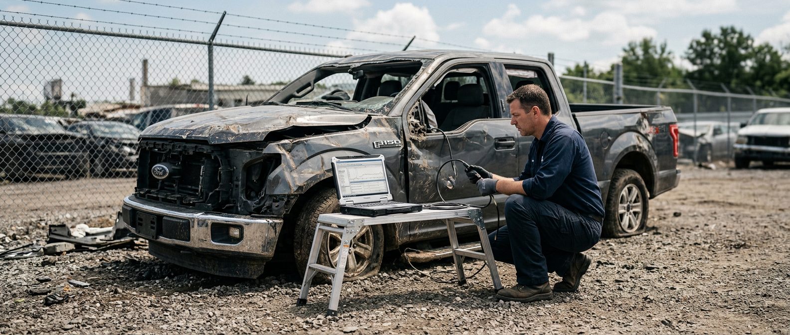 Un especialista en reconstrucción de accidentes descarga datos del módulo de control de airbags de una camioneta aplastada en un depósito de