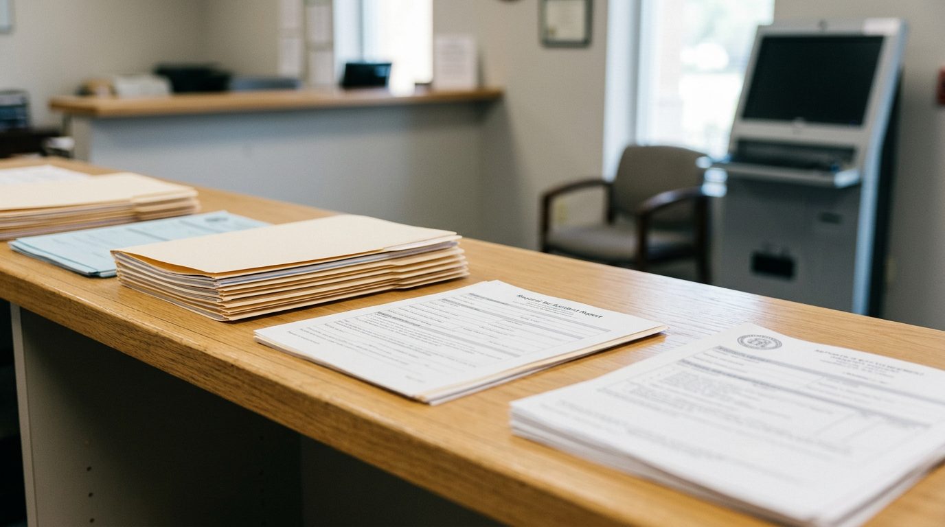 Close-up of a laptop keyboard and paper documents on a desk, suggesting a search for a Georgia traffic accident report.