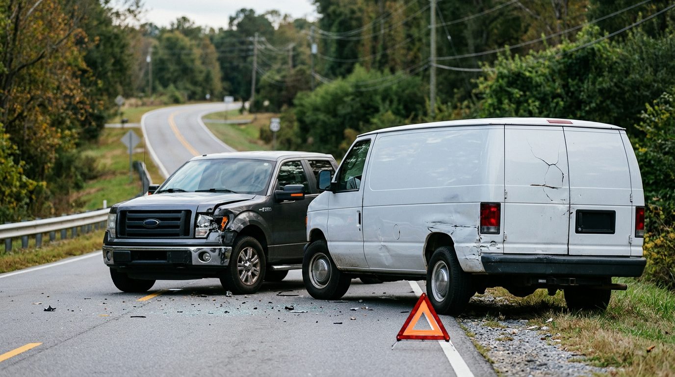 Close-up of a white delivery van parked on a Georgia roadside, with no people or injuries visible.