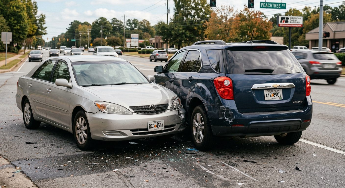 Dos autos con daños leves en la parte delantera estacionados en el arcén de una carretera en Georgia.