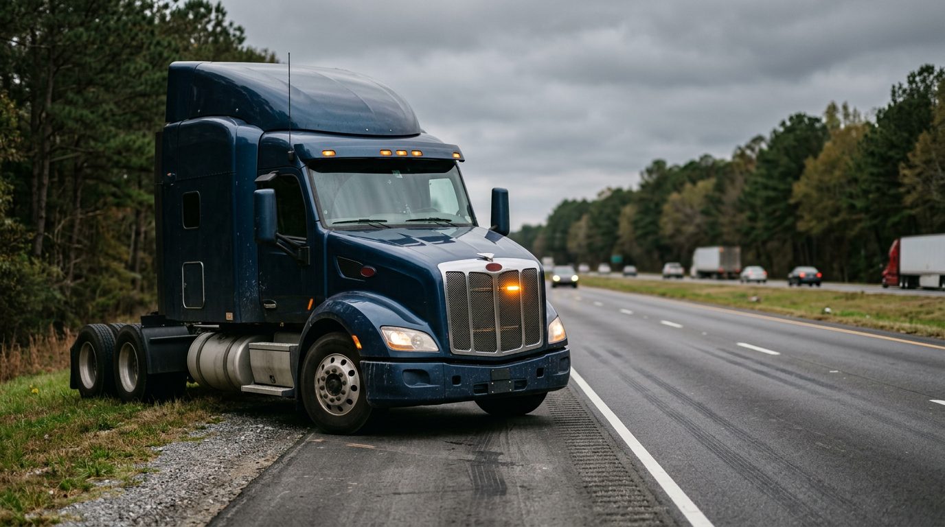 Commercial semi-truck parked on a rural interstate shoulder with hazard lights blinking under an overcast sky.
