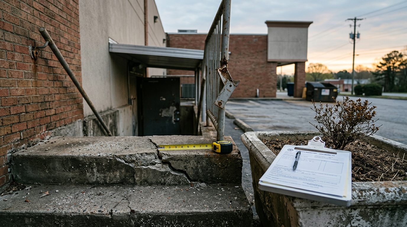Cracked concrete stair landing with a loose handrail bracket, a measuring tape across the worn step, and a clipboard on a planter at a strip mall