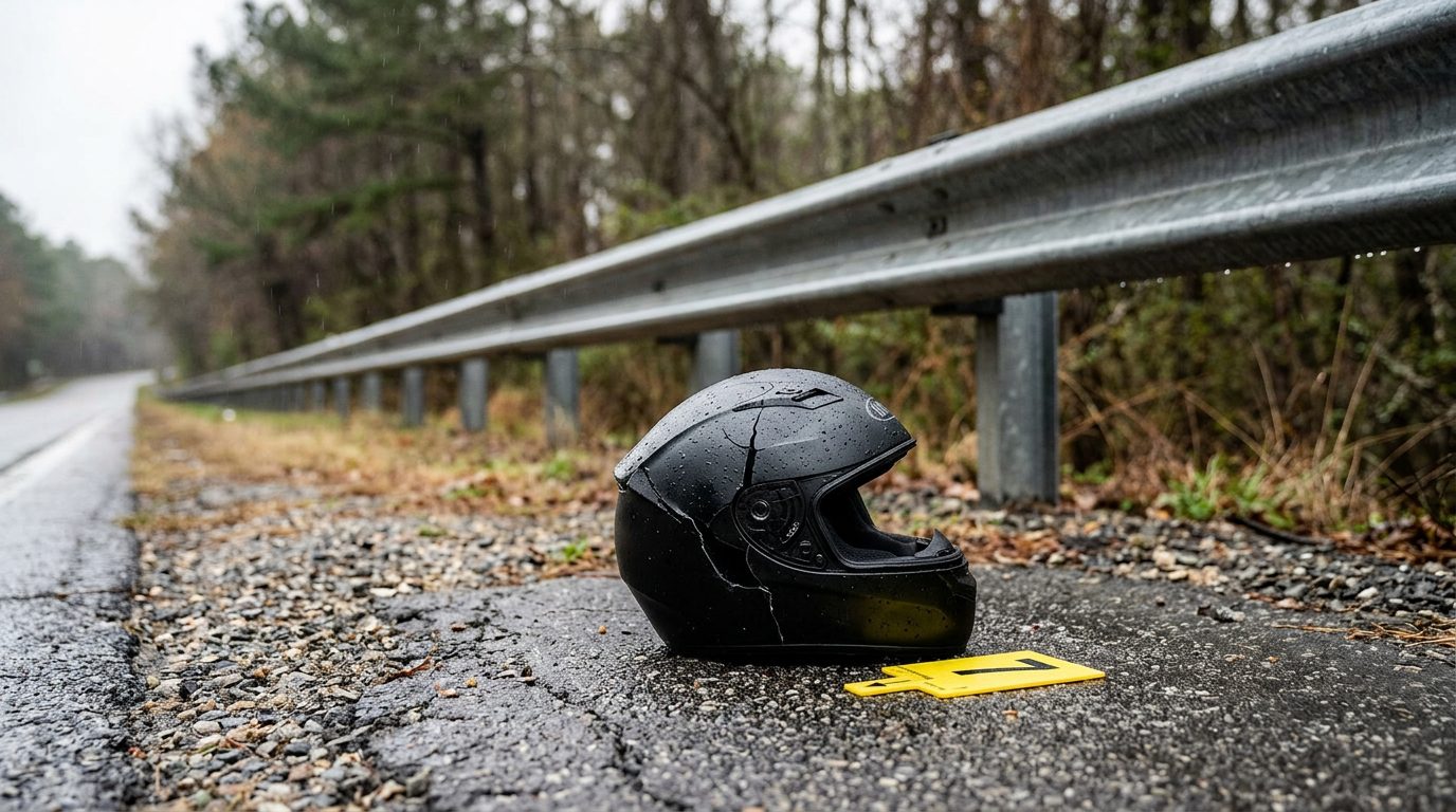 Cracked motorcycle helmet lying on wet asphalt beside a guardrail, with a yellow evidence marker in early morning light.