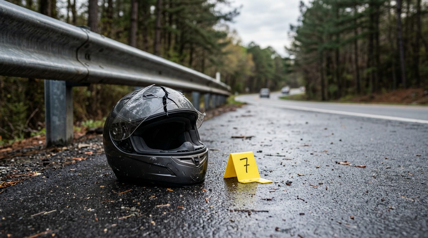 Cracked motorcycle helmet on a wet asphalt shoulder by a guardrail, beside a yellow evidence marker in early light.
