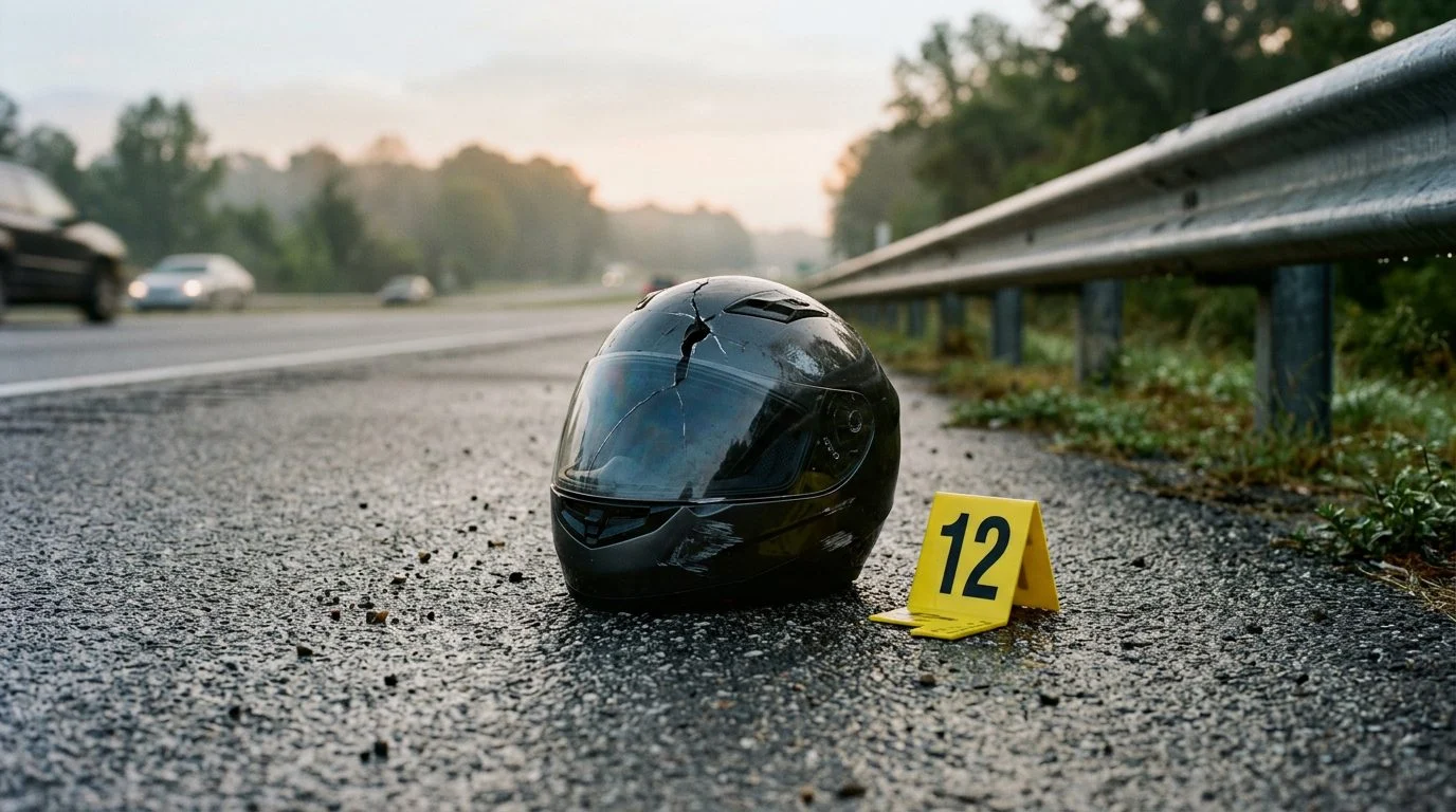 Cracked motorcycle helmet on wet asphalt beside a guardrail, with a yellow evidence marker in early morning light.